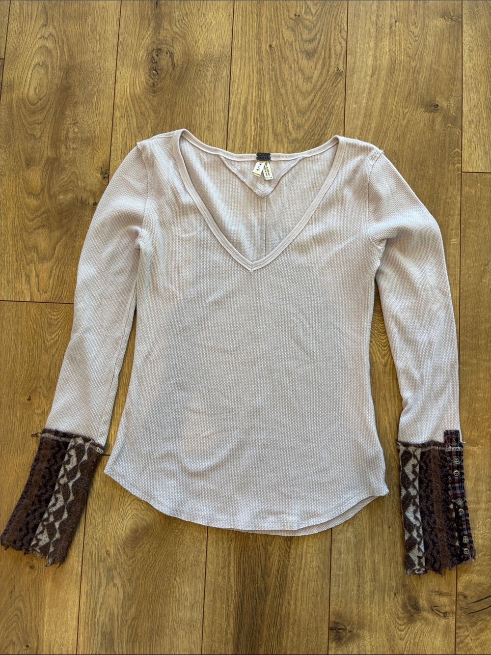 Free People We the Free Lilac Waffle V-Neck Top with Wool Patterned Cuffs